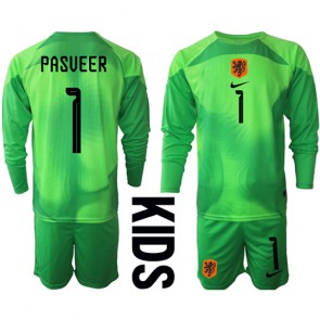 Lacne Dětský Futbalové dres Holandsko Remko Pasveer #1 Brankarsky  MS 2022 Dlhy Rukáv - Domáci (+ trenírky)